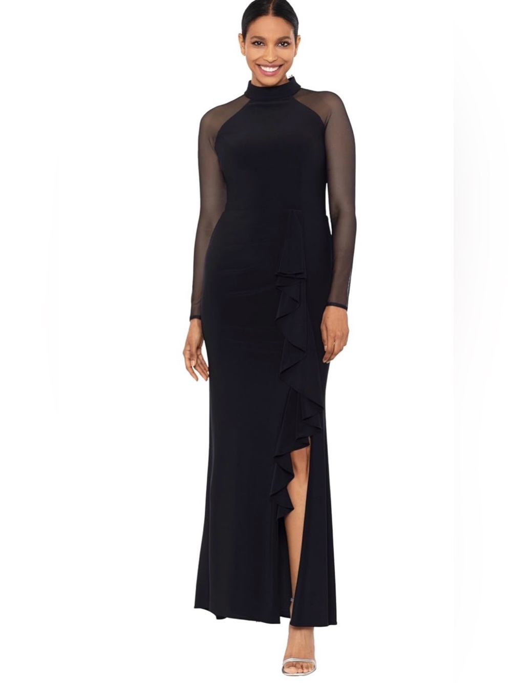 Betsey & Adam Mock Neck Illusion Long Sleeve Crepe Mesh Gown, size 14, like new